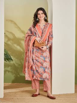 Divena - Women Orange Floral Cotton Kurta and Pant with Dupatta
