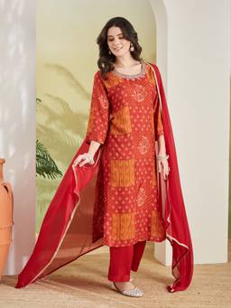 Divena - Women Orange Floral Cotton Kurta and Pant with Dupatta