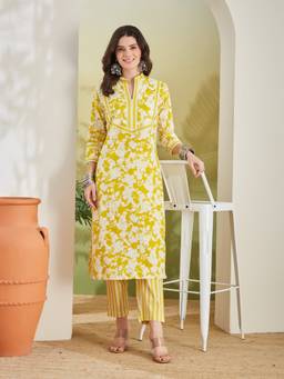 Divena - Women Yellow Floral Cotton Kurta with Pant