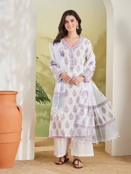 Divena - Women White Printed Cotton Kurta and Palazzo with Dupatta