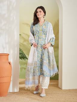 Divena - Women Blue Floral Cotton Kurta and Salwar with Dupatta