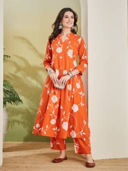Divena - Women Orange Floral Cotton Kurta with Pant