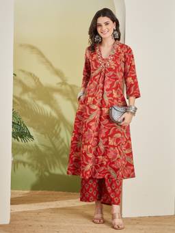 Divena - Women Red Floral Cotton Kurta with Trouser