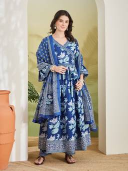 Divena - Women Blue Floral Cotton Kurta and Pant with Dupatta