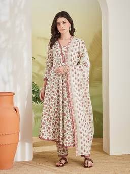 Divena - Women Cream Floral Cotton Kurta and Pant with Dupatta