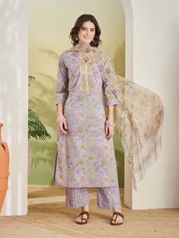 Divena - Women Purple Floral Cotton Kurta and Pant with Dupatta