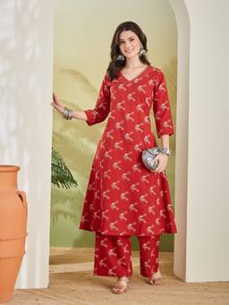 Divena - Women Red Printed Cotton Kurta with Pant