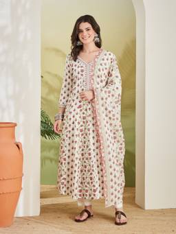 Divena - Women Cream Floral Cotton Kurta and Pant with Dupatta