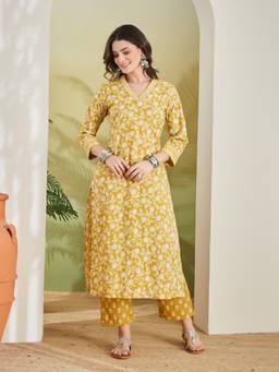 Divena - Women Yellow Floral Cotton Kurta with Pant