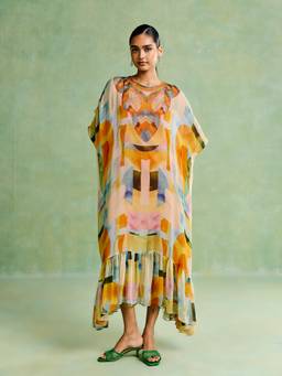 Aarke Ritu Kumar - Women Yellow Abstract Polyester Kaftan Dress with Camisole