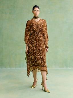 Aarke Ritu Kumar - Women Brown Floral Polyester Dress with Camisole