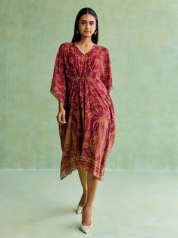 Aarke Ritu Kumar - Women Maroon Floral Viscose Blend Kaftan Dress with Camisole