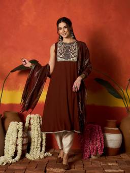 Stylum - Women Brown Embroidered Rayon Kurta with Dupatta and Pant