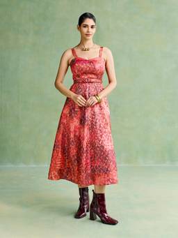 Aarke Ritu Kumar - Women Red Floral Polyester Dress with Belt