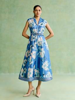Aarke Ritu Kumar - Women Blue Floral Polyester Dress with Belt