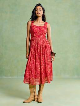 Aarke Ritu Kumar - Women Red Floral Polyester Dress with Belt