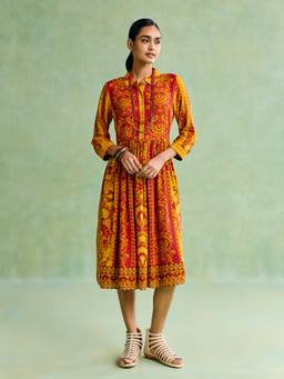 Aarke Ritu Kumar - Women Mustard Printed Viscose Dress with Belt