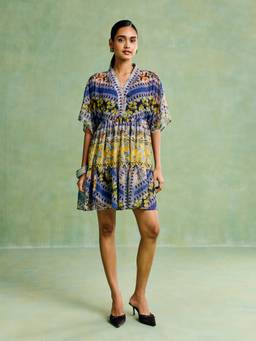 Aarke Ritu Kumar - Women Blue Floral Polyester Dress with Camisole