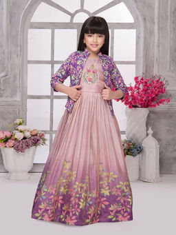 Tiny Kingdom - Printed Fit And Flared Party Gown Along With Jacket - Lavender (Set of 2)