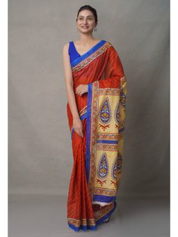Unnati Silks - Red Pure Block Printed Cotton Saree with Unstitched Blouse