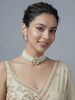 Auraa Trends - Elegant Floral Kundan And Pearl Multi-Strand Necklace Set