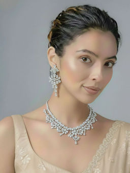 Auraa Trends - Luxury Floral Diamond-Inspired Bridal Necklace And Earrings Set