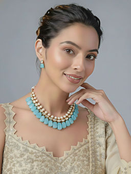 Auraa Trends - Traditional Kundan And Pearl Aqua Blue Statement Necklace Set