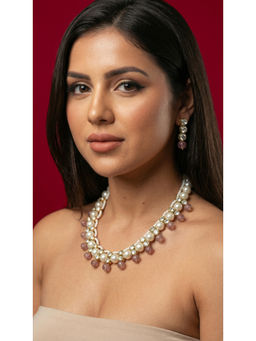 Jovi's Jewels - White Shell Pearl And Pink Beads Polki Necklace With Earrings