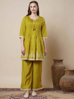 FASHOR - Solid Pin Tucked and Embroidered A-Line Kurta & Palazzo - Lime Green (Set of 2)