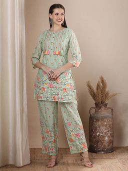 FASHOR - Floral Printed & Kantha Embroidered Straight Fit Co-Ord - Mint Green (Set of 2)