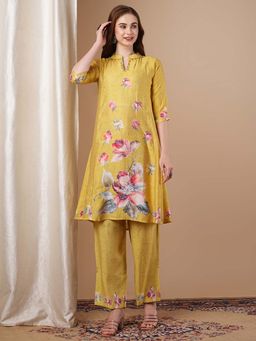 FASHOR - Abstract Floral Printed A-Line Flared Co-Ord - Yellow (Set of 2)