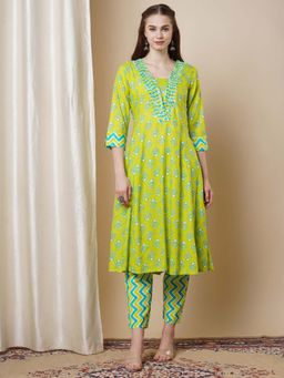 FASHOR - Ethnic Buta & Chevron Printed A-Line Kurta with Pant - Lime Green (Set of 2)