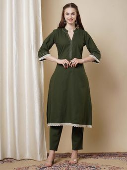 FASHOR - Solid Kantha Hand Embroidered Straight Fit Co-Ord - Olive (Set of 2)