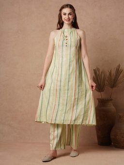 FASHOR - Striped Printed Mirror Embroidered A-Line Co-Ord - Light Green (Set of 2)