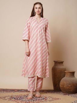 FASHOR - Stripes Printed A-Line Flared Co-Ord - Pink (Set of 2)