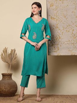 FASHOR - Paisley Embroidered Dobby Straight Fit Co-Ord - Sea Green (Set of 2)