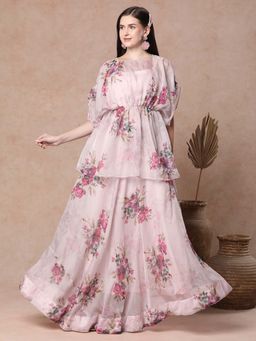 FASHOR - Bold Floral Foil Printed A-Line Pleated Top & Flared Skirt - Pink (Set of 2)