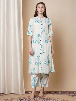 FASHOR - Ethnic Floral Buta Printed A-Line Panelled Kurta & Palazzo - Off White (Set of 2)