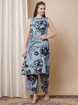 FASHOR - Abstract Floral Printed A-Line Flared Co-Ord - Blue (Set of 2)