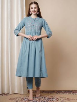 FASHOR - Ethnic Floral Resham Embroidered A-Line Pleated Kurta & Pant - Blue (Set of 2)