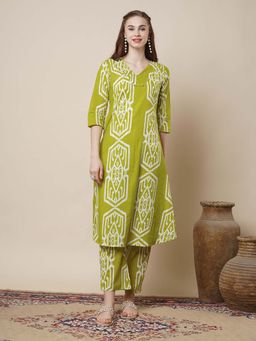 FASHOR - Ethnic Ikat Printed A-Line Flared Co-Ord - Lime Green (Set of 2)