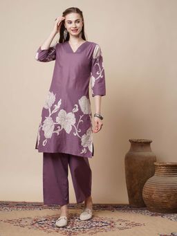 FASHOR - Abstract Floral Printed Straight Fit Co-Ord - Purple (Set of 2)