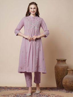 FASHOR - Solid Ethnic Floral Resham Embroidered A-Line Pleated Co-Ord - Lavender (Set of 2)