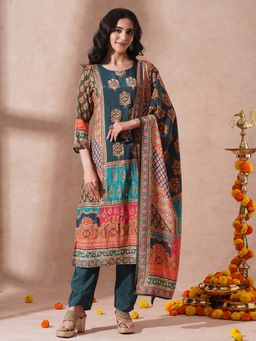 FASHOR - Ethnic Printed Embroidered Straight Fit Kurta with Pant & Dupatta - Black (Set of 3)