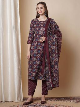 FASHOR - Ethnic Floral Printed Straight Fit Kurta with Pant & Dupatta - Burgundy (Set of 3)