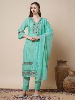 FASHOR - Floral Embroidered Straight Fit Kurta with Pant & Dupatta - Mint Green (Set of 3)