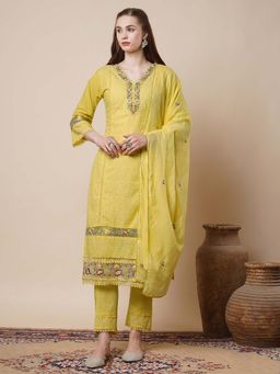 FASHOR - Floral Embroidered Schiffli Straight Fit Kurta with Pant & Dupatta - Yellow (Set of 3)