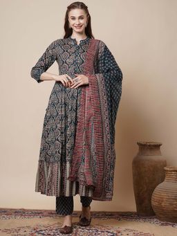 FASHOR - Ethnic Ajrakh Printed Anarkali Flared Kurta with Pant & Dupatta - Teal (Set of 3)
