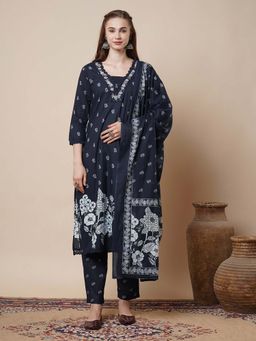 FASHOR - Ethnic Floral Printed Straight Kurta with Pant & Dupatta - Navy Blue (Set of 3)