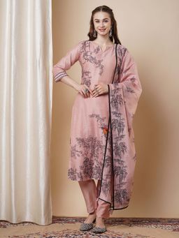FASHOR - Hand Embroidered Straight Fit Kurta & Pant with Dupatta - Rose Pink (Set of 3)